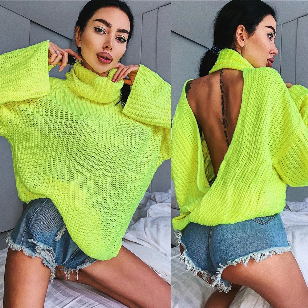 Knitwear Backless Criss Cross Sweaters Women Neon Yellow Fashion Autumn Pullovers Turtleneck Long Sleeve Solid Jumpers