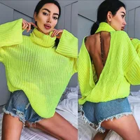

Knitwear Backless Criss Cross Sweaters Women Neon Yellow Fashion Autumn Pullovers Turtleneck Long Sleeve Solid Jumpers
