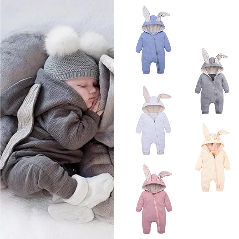 

Toddlers Rabbit Ears Cotton Jumpsuit Newborn Onesie Baby Boys Girls Knitted Baby Rabbit Romper Boy, White pink blue grey