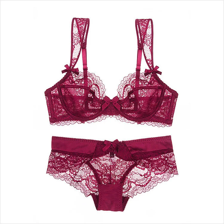 

Adjusted-straps 3/4 Cup Three rows two buckle Lace Embroidery Sexy Bra set Push up Underwear Set