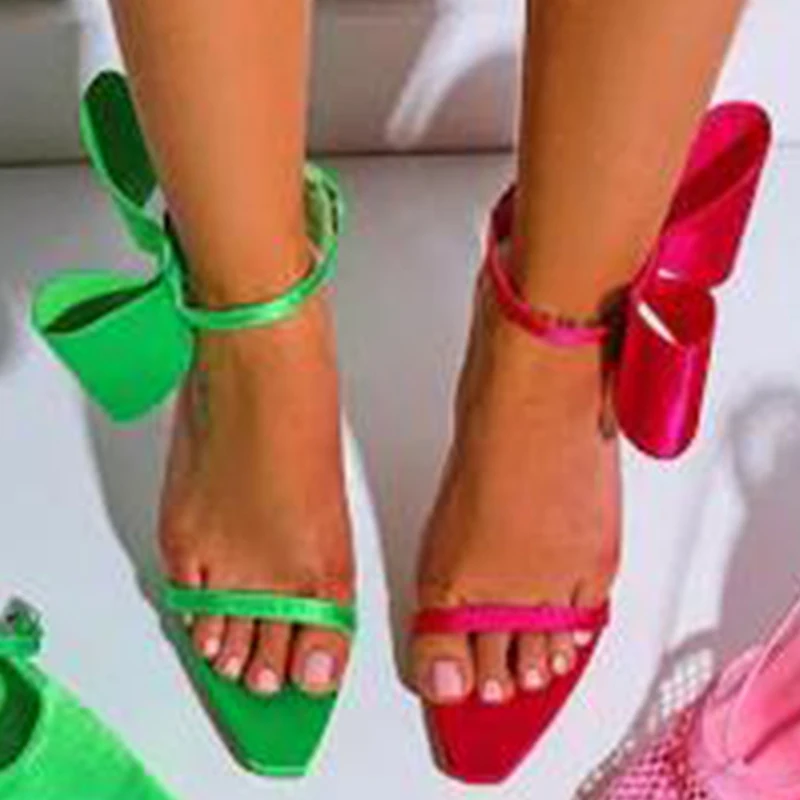 

Summer 2022 New Fashion Design Women Bag Heel Buckle Silk Bow Sandals Strap Party Casual Thin High Heels Open Toe Ladies Shoes