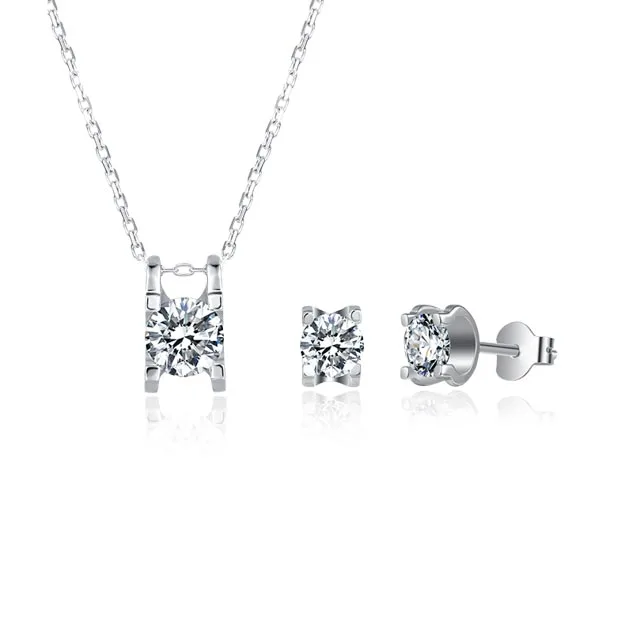 

White Gold Plated 1ct 6.5mm Moissanite Necklace And 0.5ct 5mm Moissanite Earrings Moissanite Jewelry Set