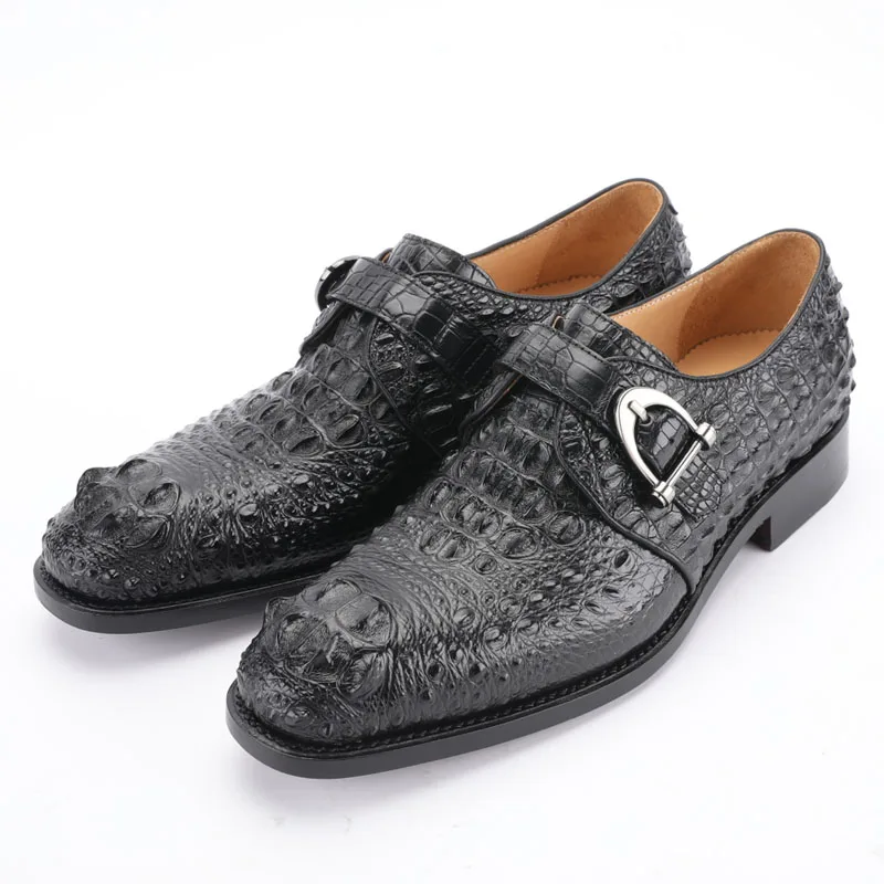 

2020 New style real leather fashion shoes comfortable breathable dress shoes genuine crocodile skin men's hand made shoes, Black