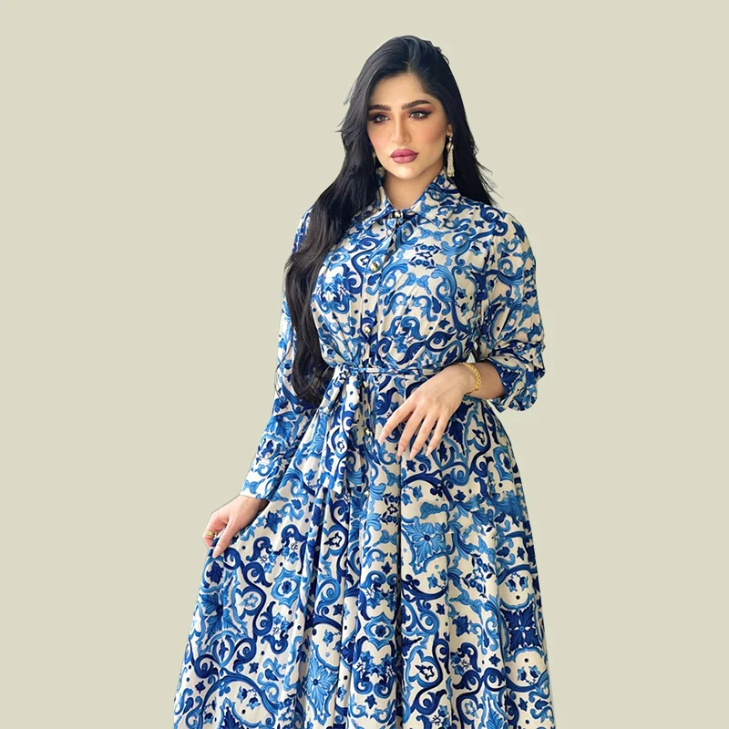 

Blue Floral Maxi Dress Women 2021 Elegant Ethnic Lapel Long Sleeve Dubai Arabic Oman Moroccan Middle East Muslim Abaya