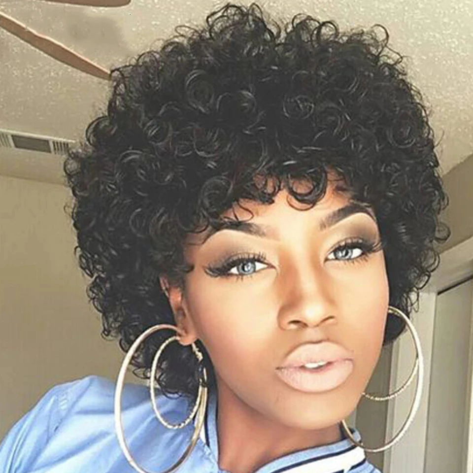 

Brazilian Hair Short Machine Made Wig Afro Kinky Curly Wig Natural Color Remy Black Color Human Hair Wigs For Women