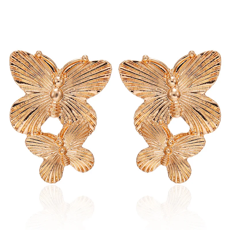 

European and American Hotsale 18K Gold Plating Butterfly Earrings Double Layer Butterfly Drop Earrings