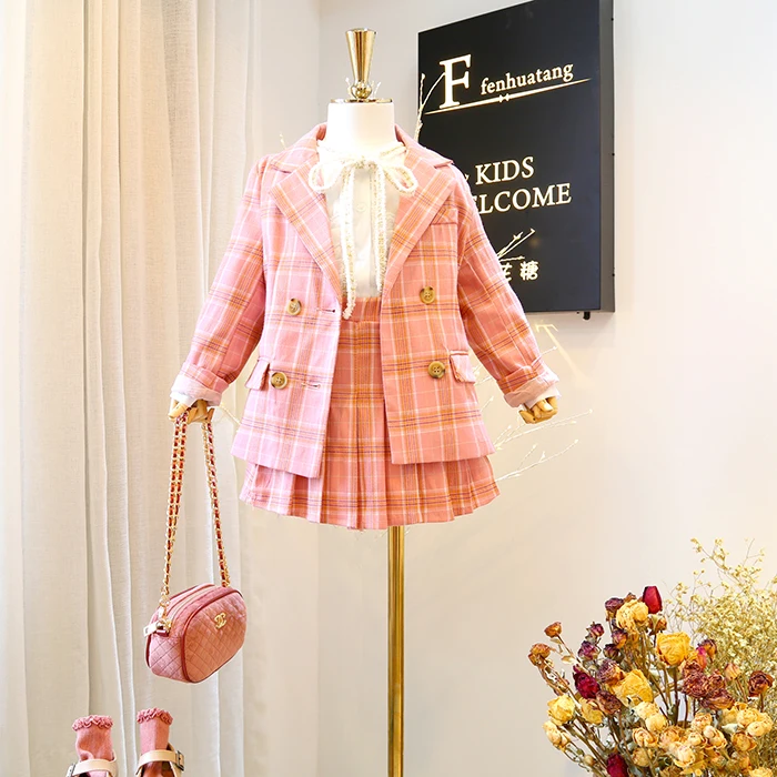 

Classy School Style 2021 Spring Autumn Kids Fashionable Clothing Two Piece Pink Color Plaid Pleated Skirt Set For Girls