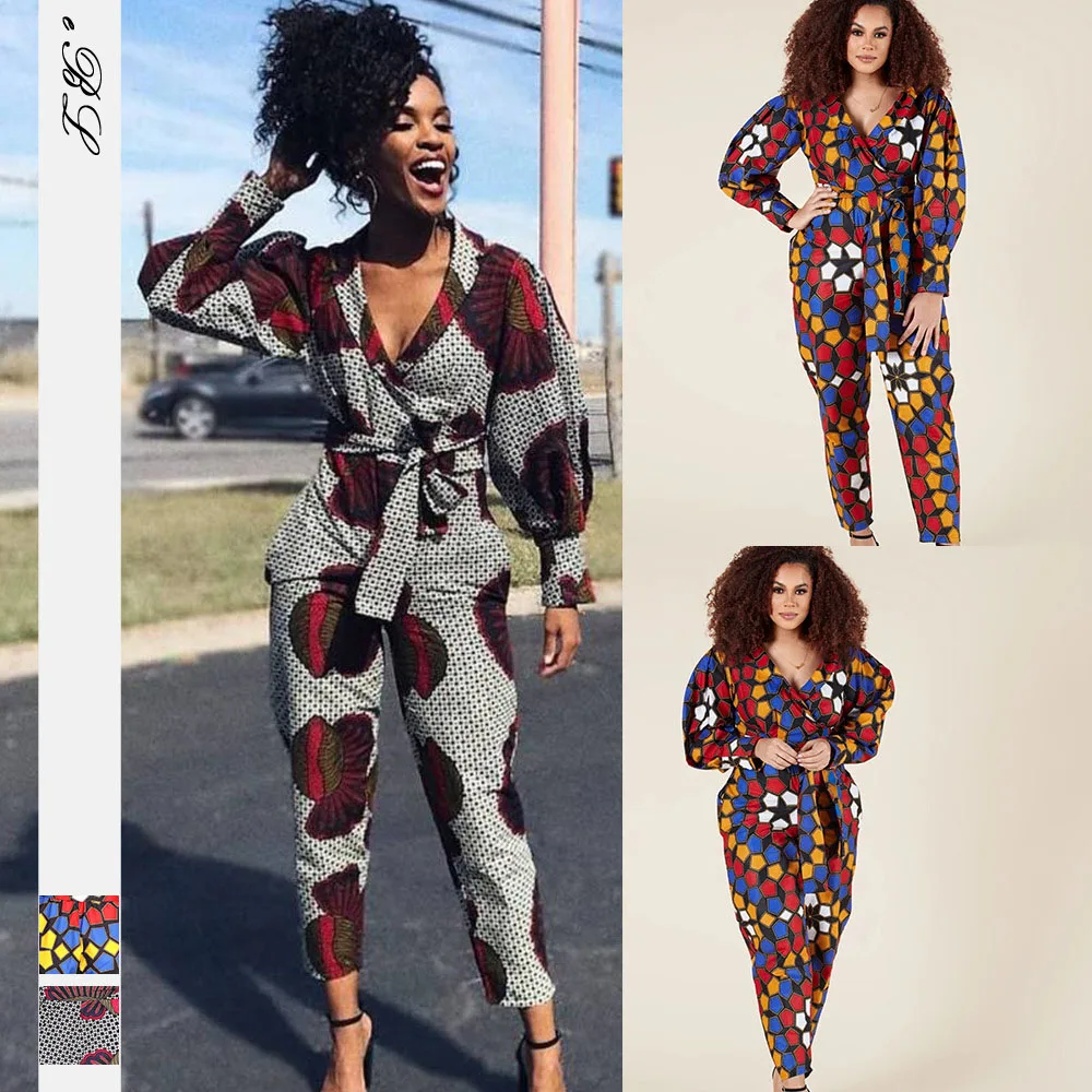 

2020 hot sale african bodycon african jumpsuit long sleeve with belt african print women jumpsuit, Print colors