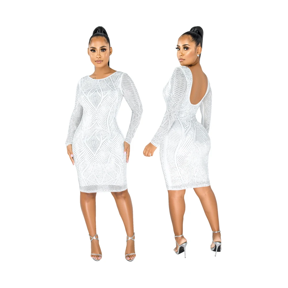 

Foma CY8885 new fashion 2021 summer women girls dresses white exquisite diamond mesh long sleeve hip party backless dress, As picture