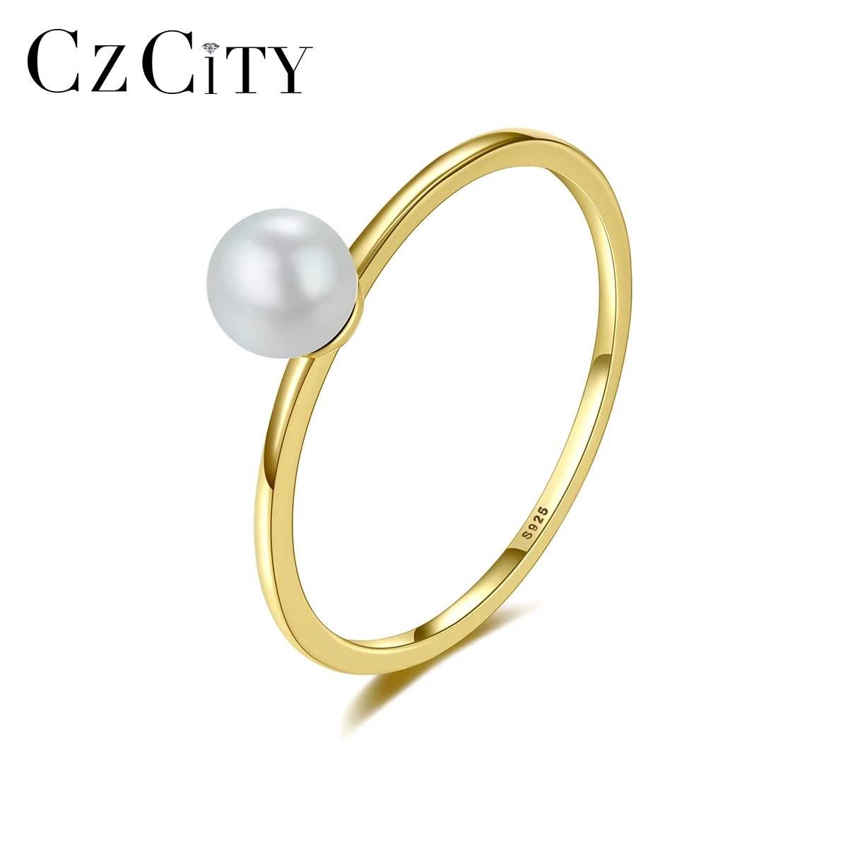 CZCITY Wholesale Gold Plated Pearl Rings Single Big Round Glass Pearl Women Wedding Finger Ring