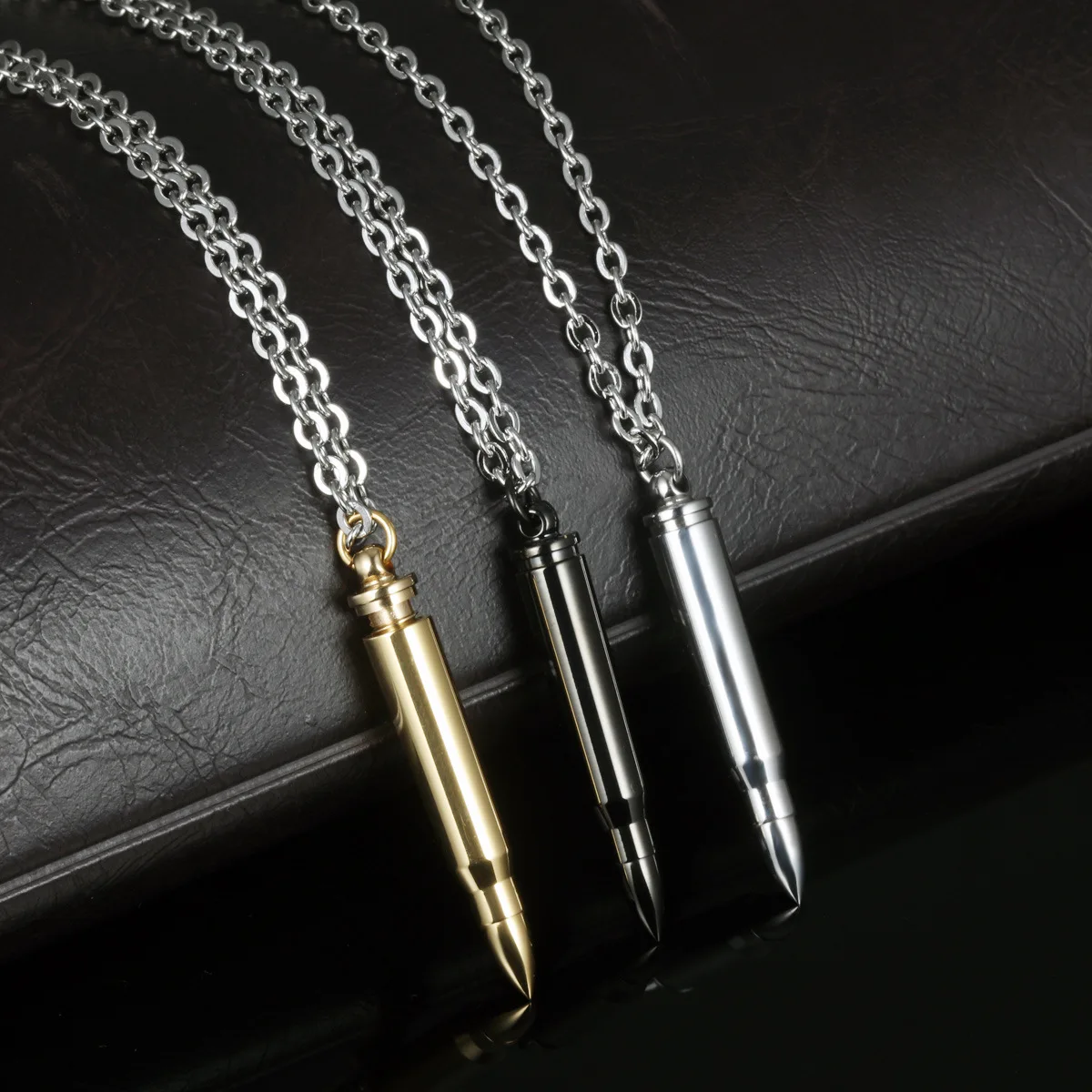 

Minimalist Mens Bullet Choker Pendant Necklace Chain Nice Gifts Jewelry Stainless Steel for Men Women Boy Skeleton Urn Punk 3pcs