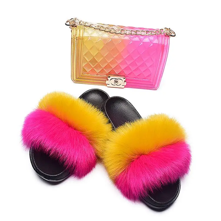 

High Quality fashion matching purse and fur slides fur slide and purse set