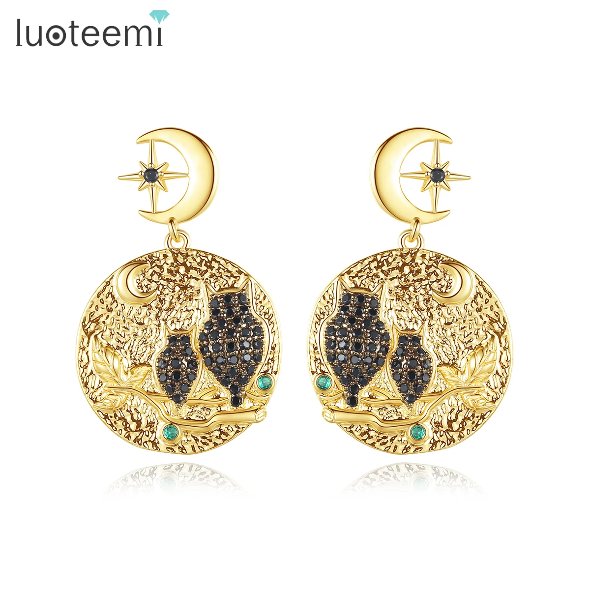

LUOTEEMI Fashon Double Big Round Earrings Hot Sale Pendant Earrings a Black Bird of Minerva Wholesale for Women