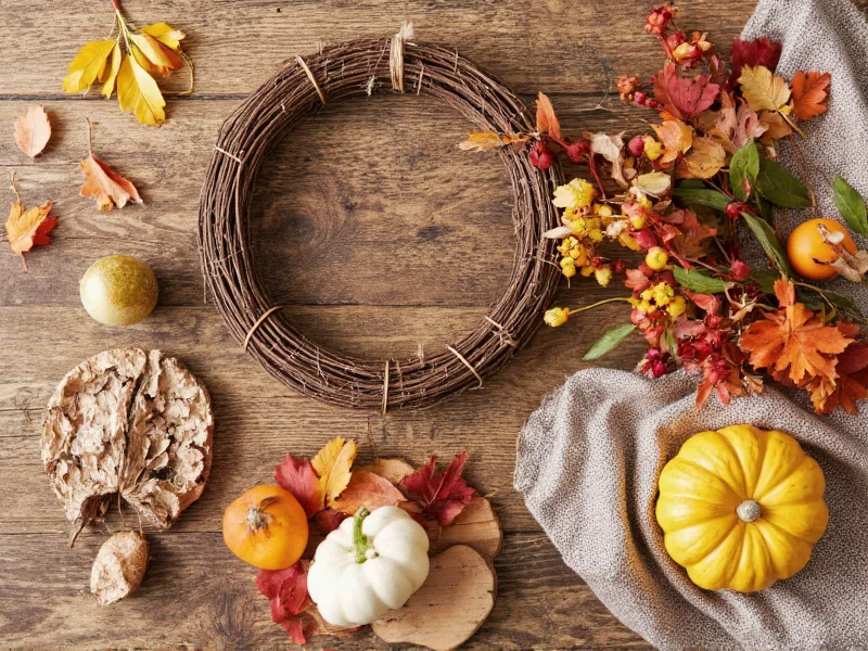 Handmade fall wreath materials on rustic wooden table