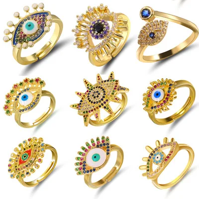 

Fashion Hip Hop Personality Zircons Opening Ring 18K Gold Devil Eye Ring Opening Ring for Women