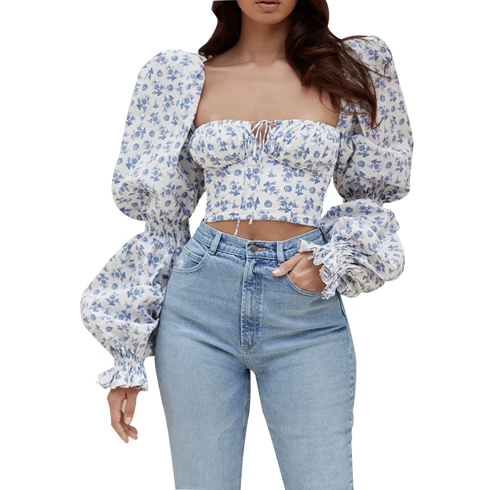 

Ladies Puff Sleeve Crop Tops Sexy Floral Shirts Square Collar Bandage Ruched Long Sleeve Women's Blouses