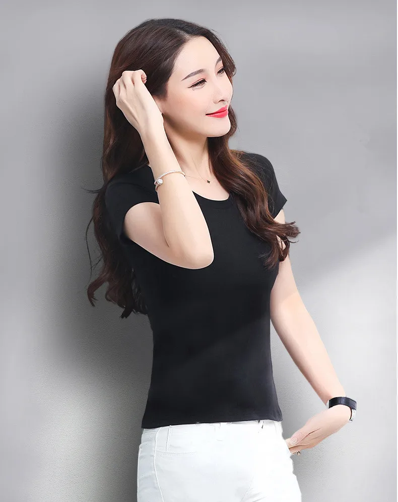 

2021 Ms summer low collar short sleeve T-shirt han edition tight thin jacket