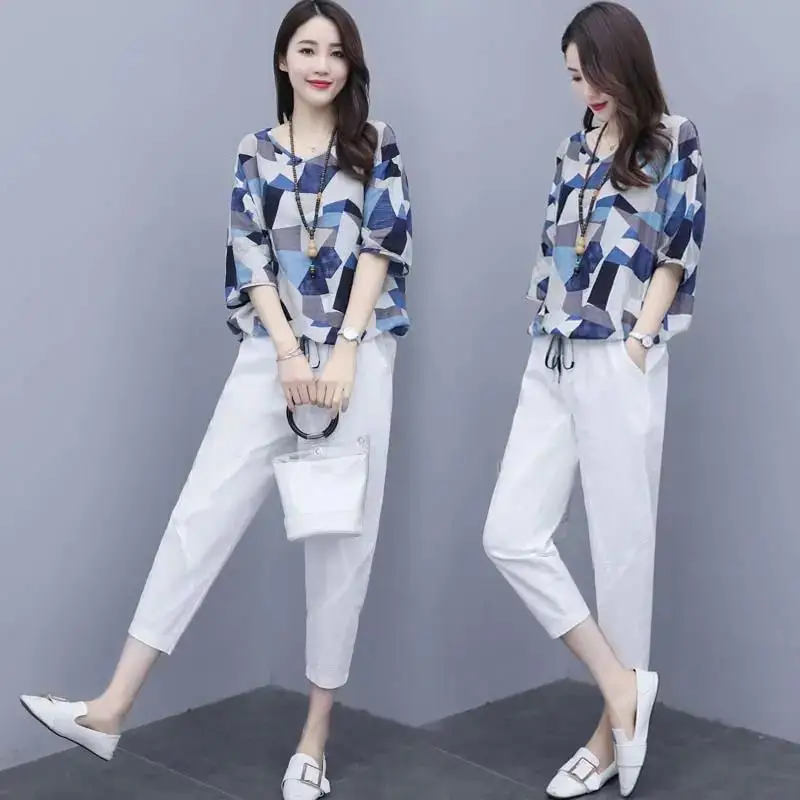 

European station age-reducing split wide-leg pants suit women's new fashion western style casual short-sleeved two-piece blouse