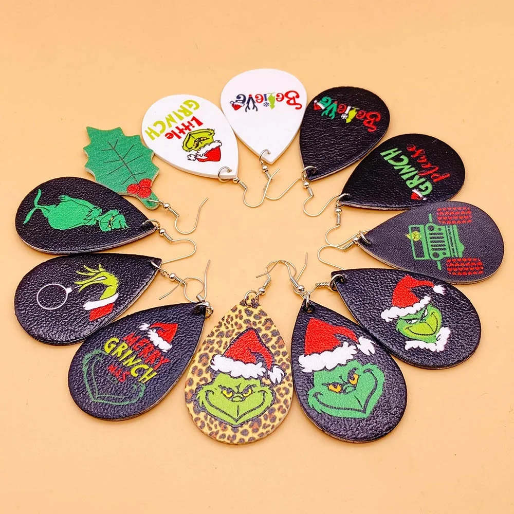 

New Design Jewelry Women High Quality Grinch Christmas Style Double-side Printing PU Leather Earrings
