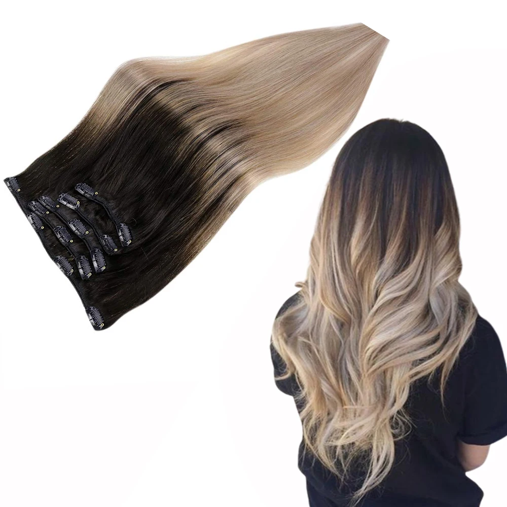 

Hot Sale Real Human Hair Balayage Ash Blonde Ombre Color #1b/18 Double Weft Clip in Human Hair Extensions