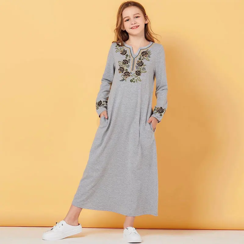 

2020 new Fashion Print Jersey Long Sleeve Kids Clothing Girl Dress Embroidered pocket long sleeve dress for children, Gray
