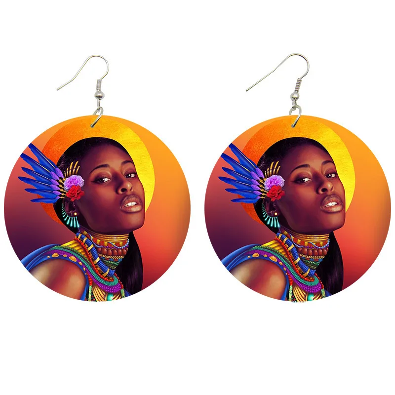 

Accept Customized Fashion Afro Black Beauty Art Wooden Drop Earrings Handmade African Painting Round Wood Earring