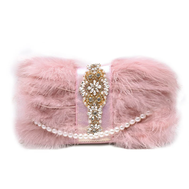 

Jtfur New design Korean fashion turkey ostrich pearl chain crossbody bags women elegant fur handbags, Customized color
