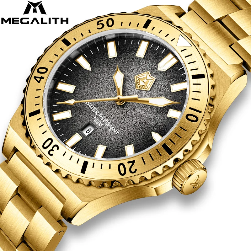 

MEGALITH Fashion Stainless Steel Analog Clock 10 ATM Waterproof Wristwatch Official Gentle Classic Quartz Watches Men Watch