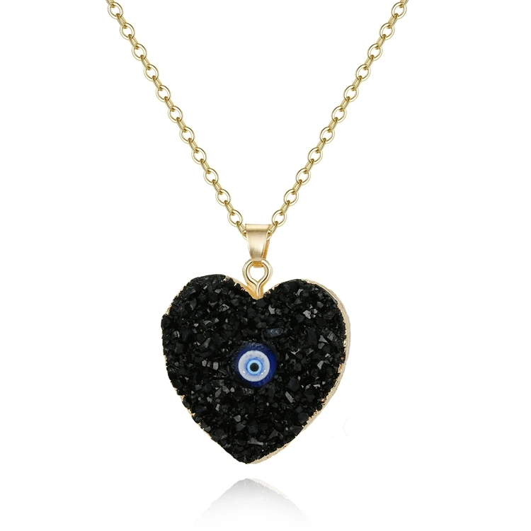 

Boutique Ethnic Gold Plated Resin Druzy Stone Pendant Choker Women Ladies Round Heart Shaped Turkish Evil Eyes Necklace For Gift, As photo