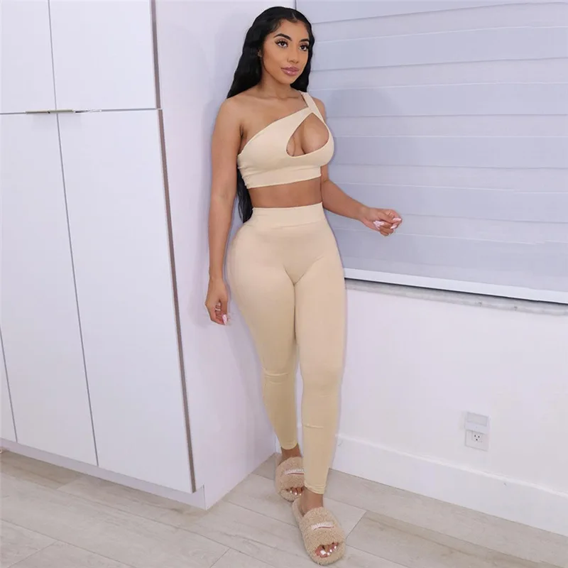

Summer One Shoulder Hole Crop Top Fitness Legging Pants 2 Piece Set Women Sports Active Wear Workout Clothes Sets C14114