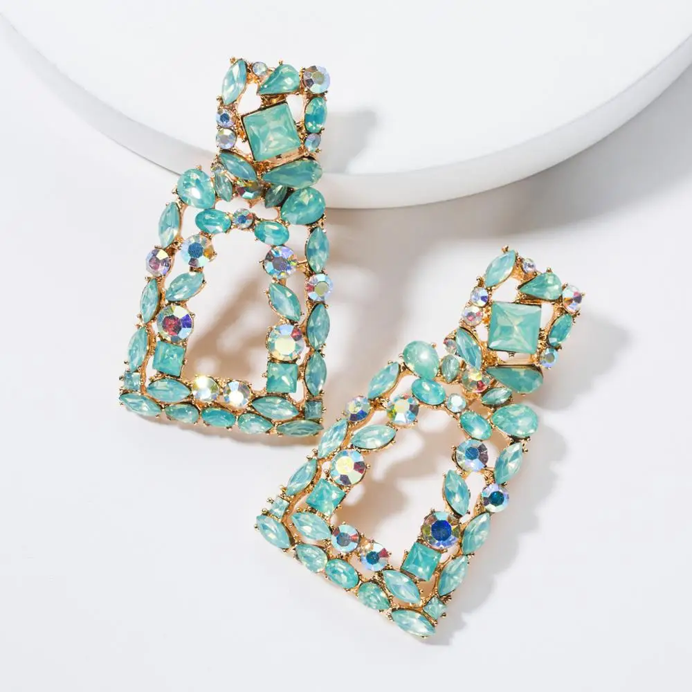 

Fashion temperament trapezoidal diamond stud earrings female dream full diamond earrings, Green, blue, pink