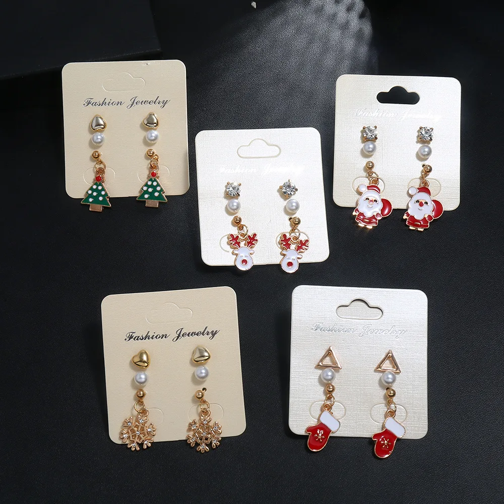 

Cute Pearl Santa Claus Earrings Set New Product Creative Santa Claus Elk Christmas Earrings Sets