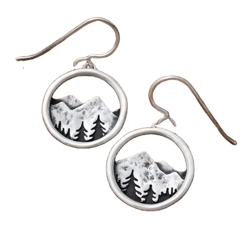 Alpine Dreamer Drop Earrings Silver Color Mountain and Pines Round Dangle Earrings for Women Wedding Fashion Jewelry Gifts