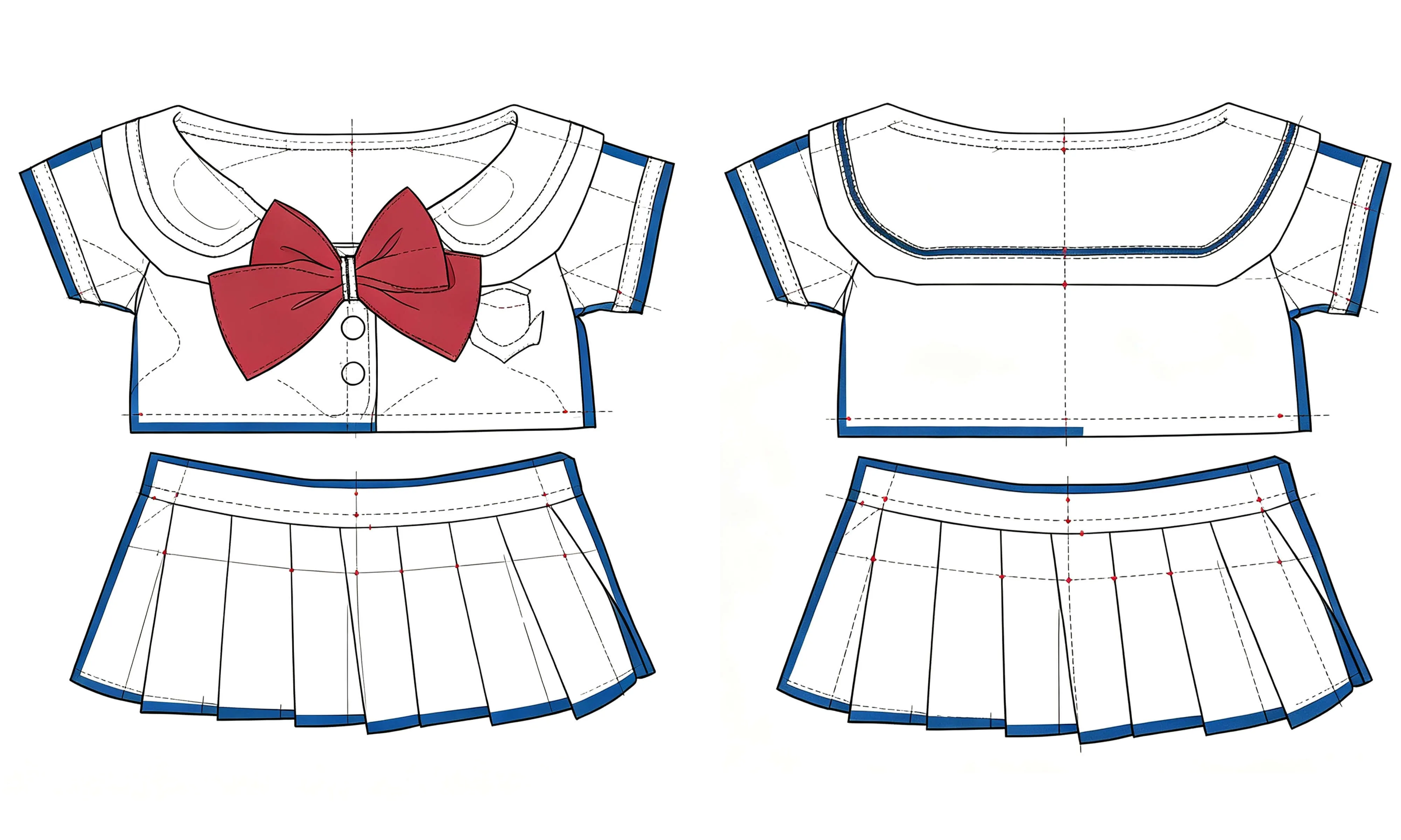 Technical fashion flat drawing of sailor suit front and back views