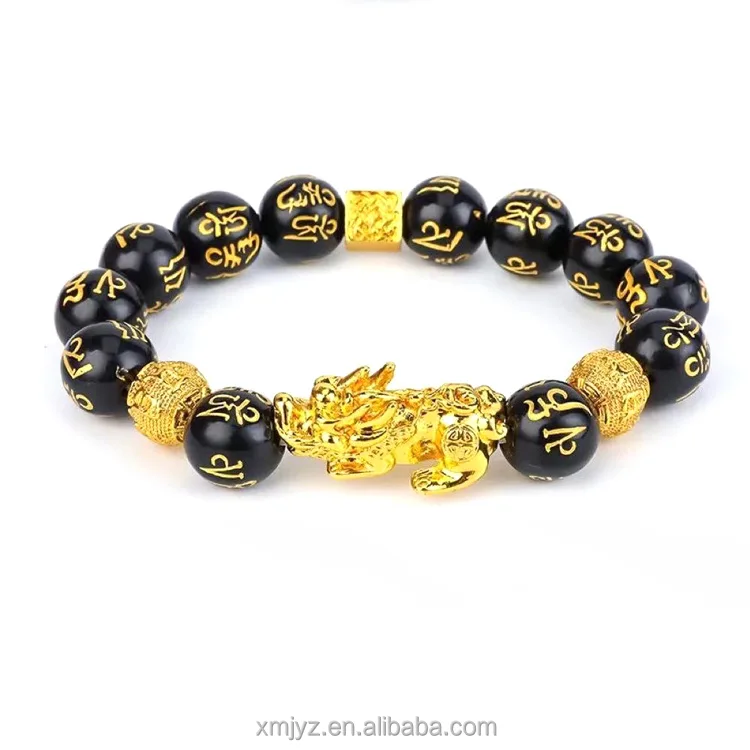 

Male and female imitation obsidian color Jewelry gold plated mythical wild animal six character truth saying monk Buddha bead