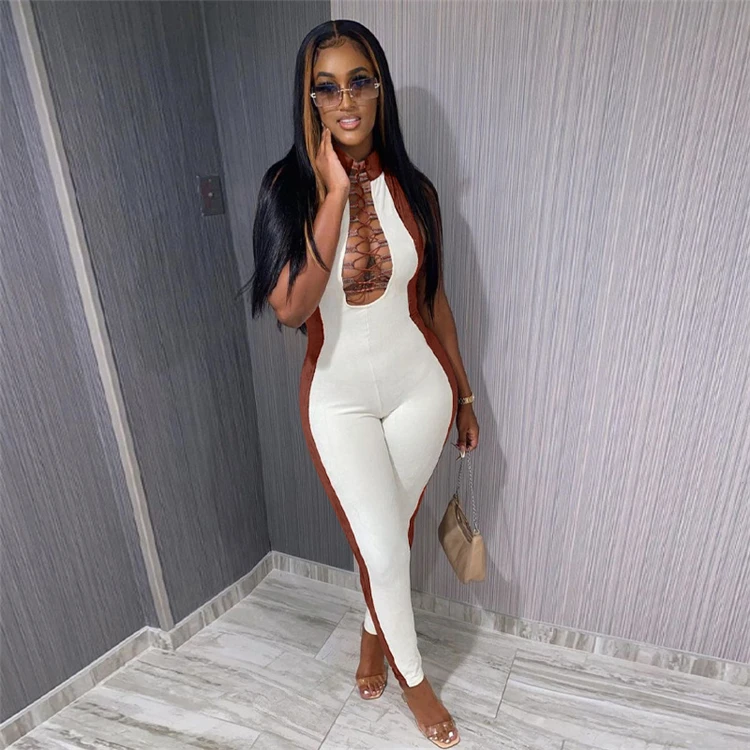 

D96738 2021 Sexy sleeveless deep v neck matching color sport jumpsuit and Romper vendors clothing, White