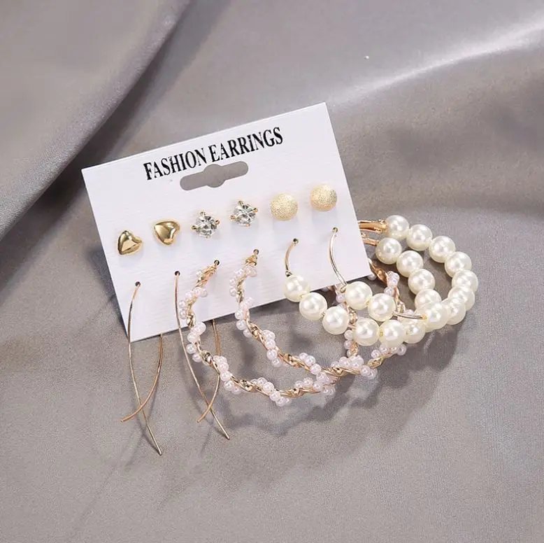 

Simple Plain Gold Color Metal Pearl Hoop Earrings set Fashion Big Circle Hoops Statement Earrings for Women Party Jewelry