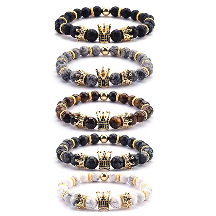 

2021 Hot gold White stone crown bracelet natural volcanic stone bead bracelet men for women men gifts