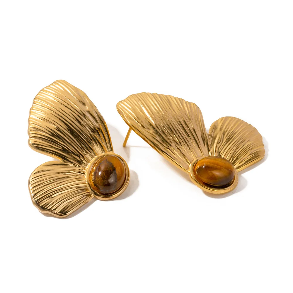 

Vintage Chunky 18K Gold Plated Stainless Steel Tiger Eye Inlay Butterfly Statement Stud Earrings For Women