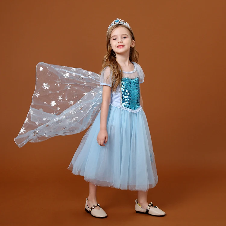 

Sequin Tulle Anna Dress Frozen Elsa Princess Party Wear Cosplay Childrens Costume With Cloak, Blue pink red purple