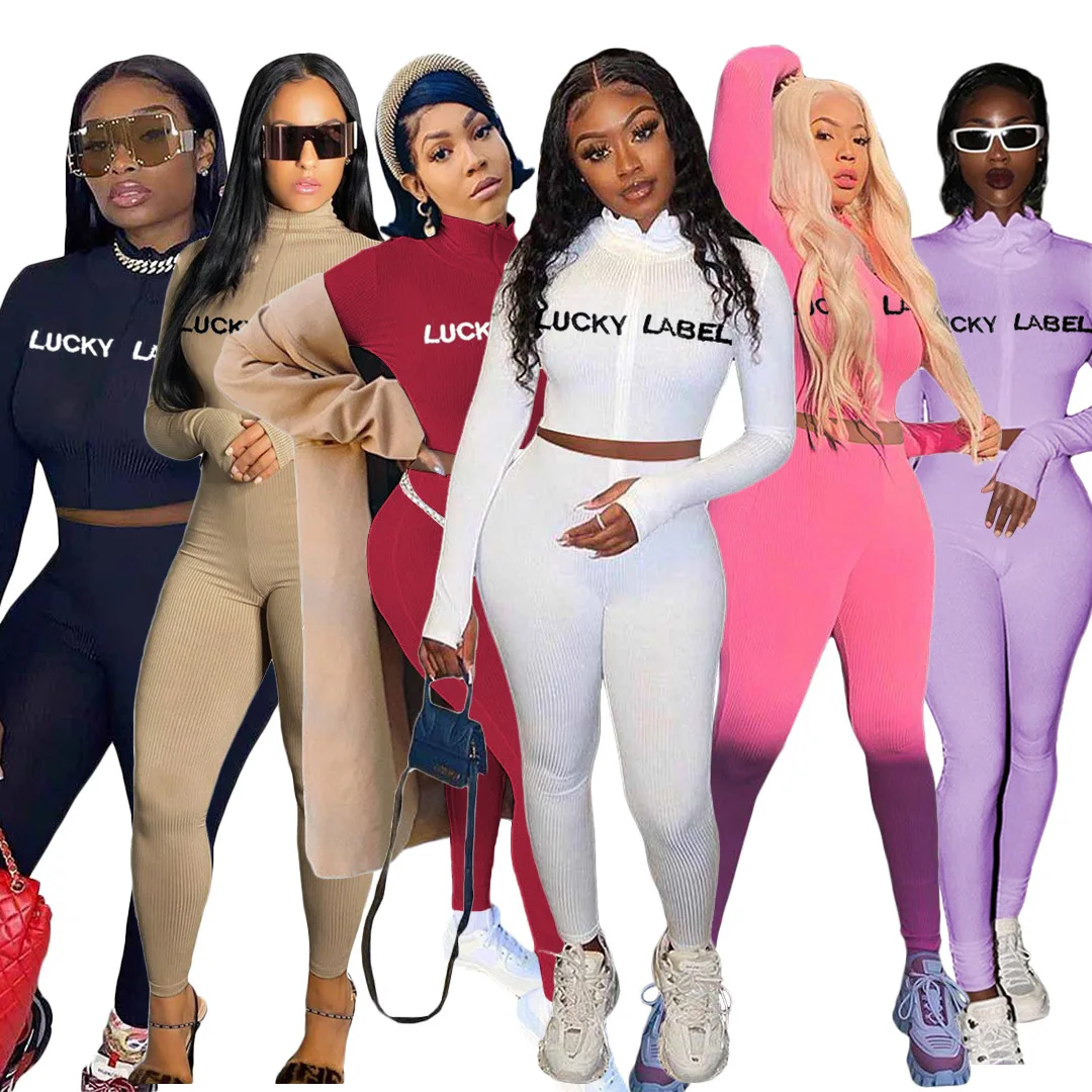 

White Two Piece Sets Plus Size Winter Sports Outfits Turtle Neck Long Sleeve Letter Print Knit Two Piece Set Women Clothing