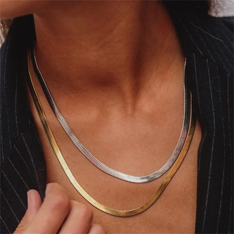 

OEM 14k Silver Flat Gold Plated Filled Women Men Curb Rope Cuban Link Stainless Steel Snake Jewelry Chain Necklace, Silver/gold/ black