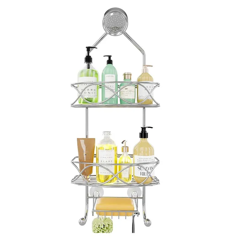 

Low MOQ Rustproof Bathroom Shower Room Shelf Organizer Shower Caddy Over Shower Head with Soap Holder and Hooks