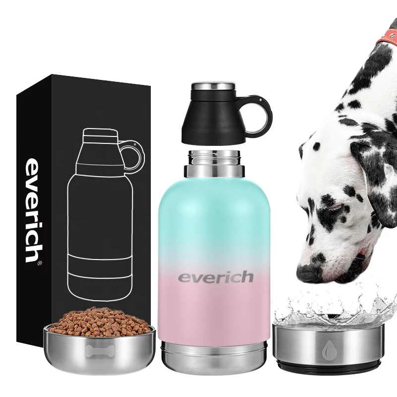 

Amazon 32/64oz Double Wall stainless steel vacuum customize Outdoor dog Water Bottle with 2 detachable dog bowls easy to carry