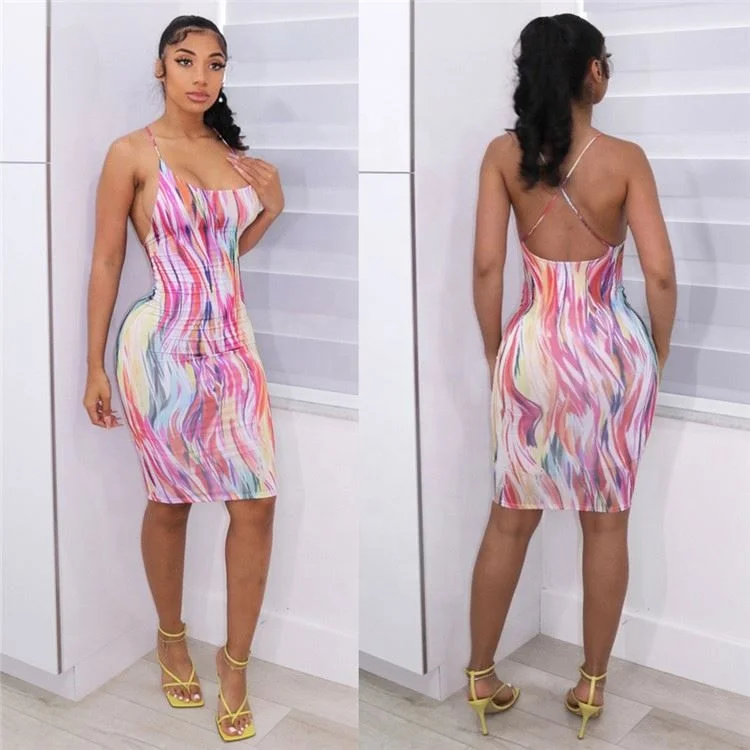 

2021 New Ladies Party Slip Dress Colorful Print Backless Skinny Summer Tie Dye Women Midi Dresses