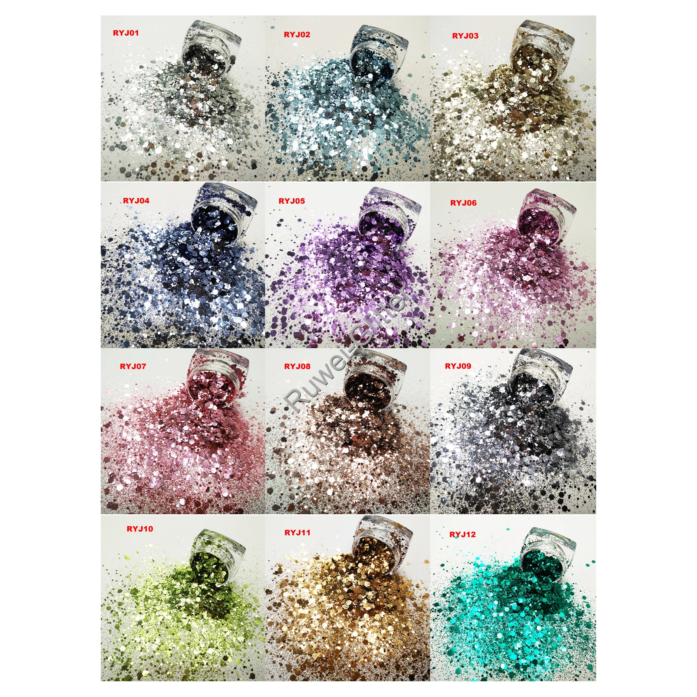

Hot Selling 12Colors Metallic Cosmetic Mermaid Chunky Glitter Mix Hexagon for Makeup Nail Art Facepaint