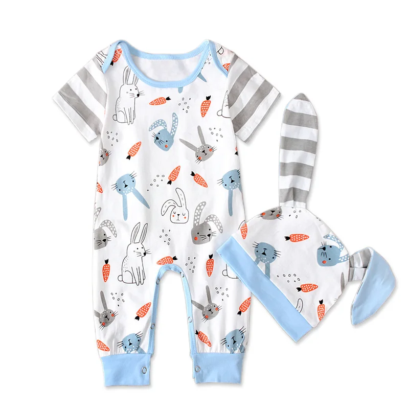 

Children's Summer Set Boy's Short Sleeved Rabbit Print Striped Crawling suit Baby's Romper +Hat 2 Piece