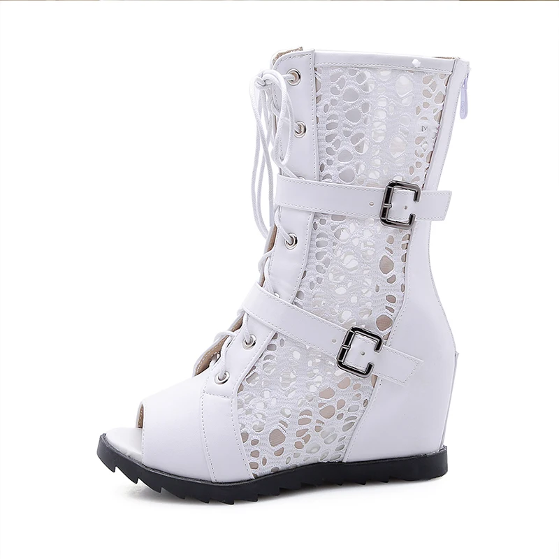 

Summer Leisure Fish Mouth Breathable Boots Lace-up Wedges Lady, Black/white/ecru