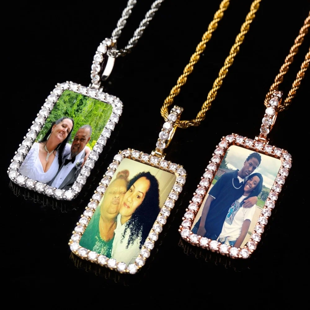 

Custom Made Photo Square Medallions Solid Back Pendant Cubic Zirconia Men's Hip Hop Jewelry Bling Picture Charm Iced Out Pendant, Color,silver,rose