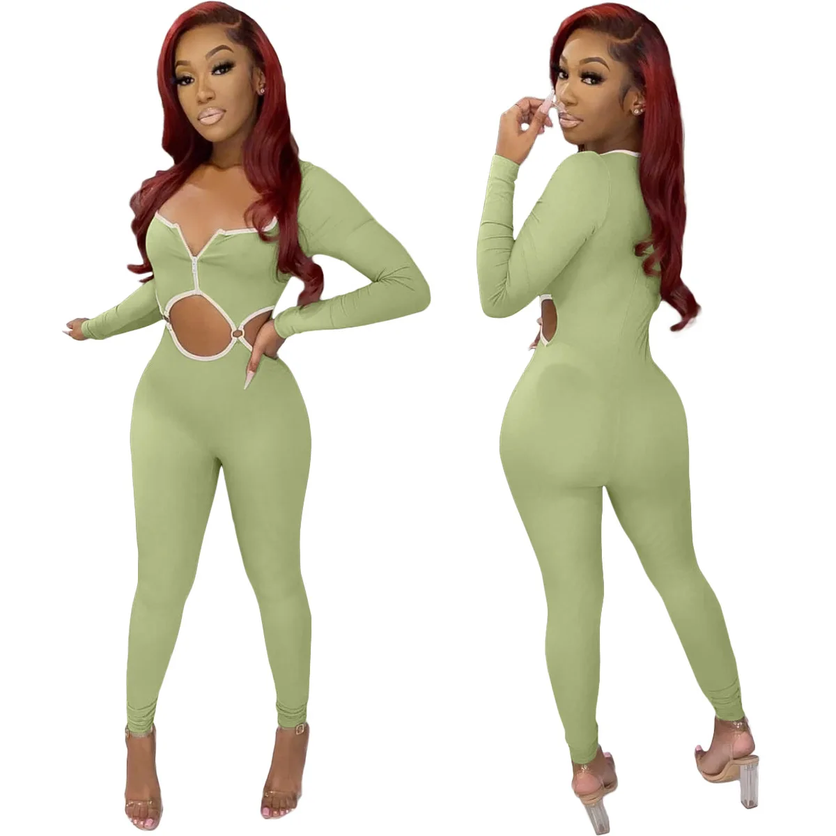 

women jumpsuits new 2022 clothing fashion light green bodysuits long sleeve pants one piece sets holes design sexy